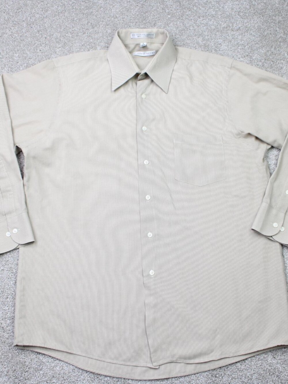 Geoffrey Beene Shirt Mens 16, 34/35 Beige Check Wrinkle Free Long Sleeve Preppy